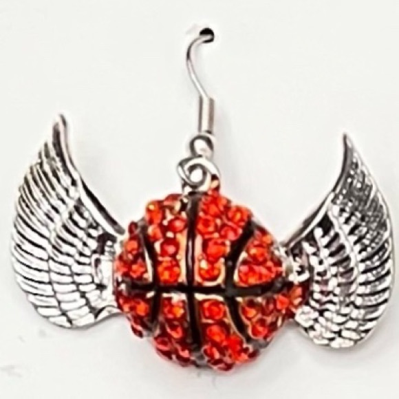 Basketball Allover Orange Rhinestone & Silver Angel Wing Mom NBA 1.5” Earrings - Picture 2 of 5